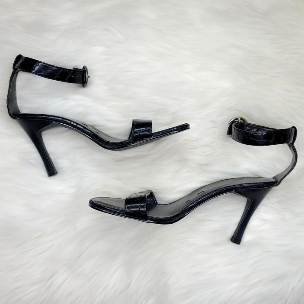 Fioni Strappy Black Leather Crocodile Alligator Print High Heels